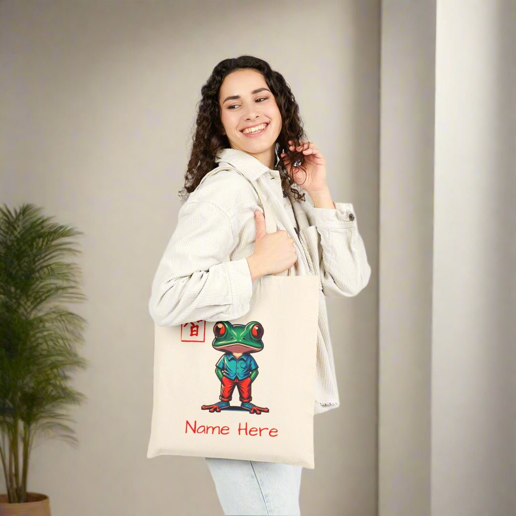 Personalized Wisdom Frog Cotton Canvas Tote Bag, Custom Name, Personalized Tote, Cute Frog Tote, Fun Animal Tote Bag, Gift for Nature Lover - Vicky Garden