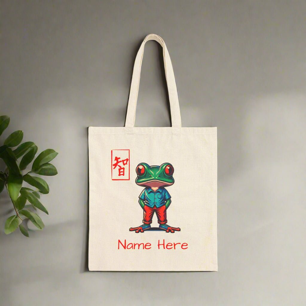 Personalized Wisdom Frog Cotton Canvas Tote Bag, Custom Name, Personalized Tote, Cute Frog Tote, Fun Animal Tote Bag, Gift for Nature Lover - Vicky Garden