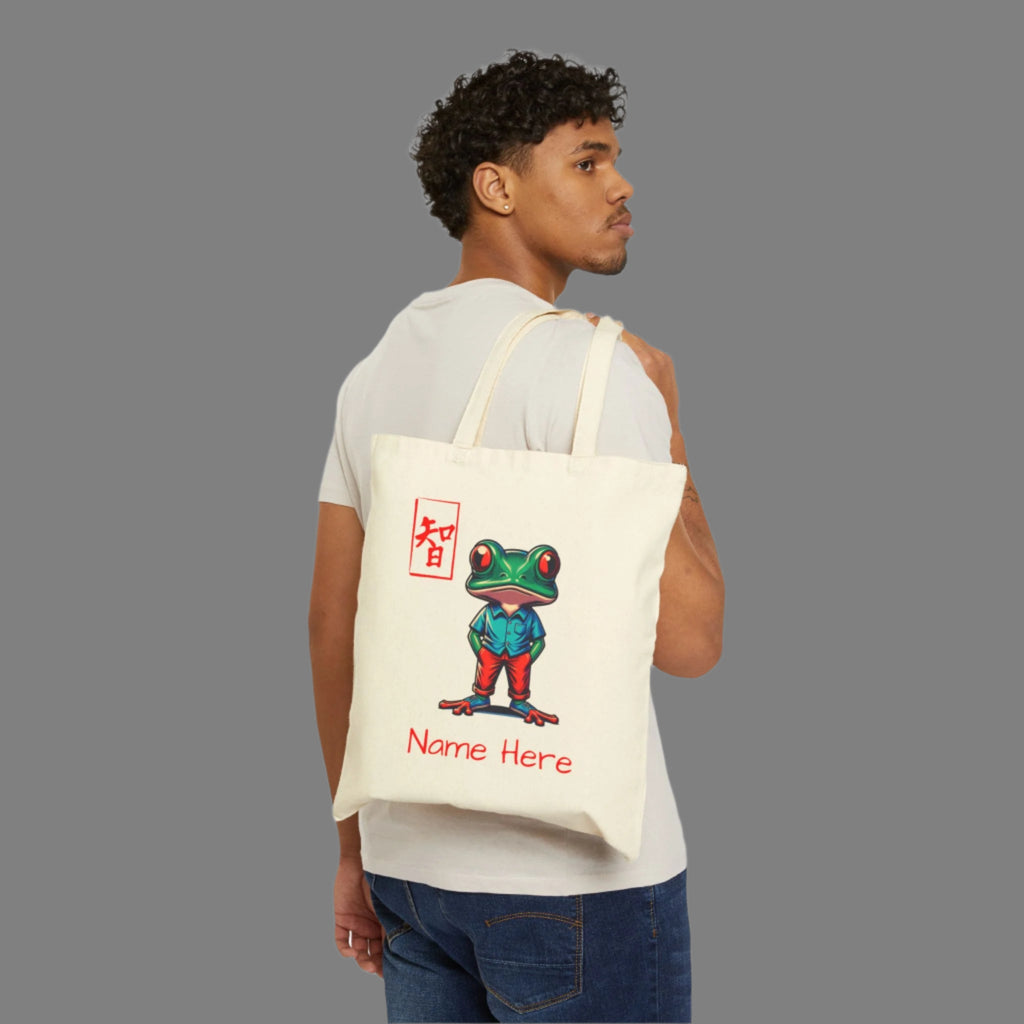 Personalized Wisdom Frog Cotton Canvas Tote Bag, Custom Name, Personalized Tote, Cute Frog Tote, Fun Animal Tote Bag, Gift for Nature Lover - Vicky Garden