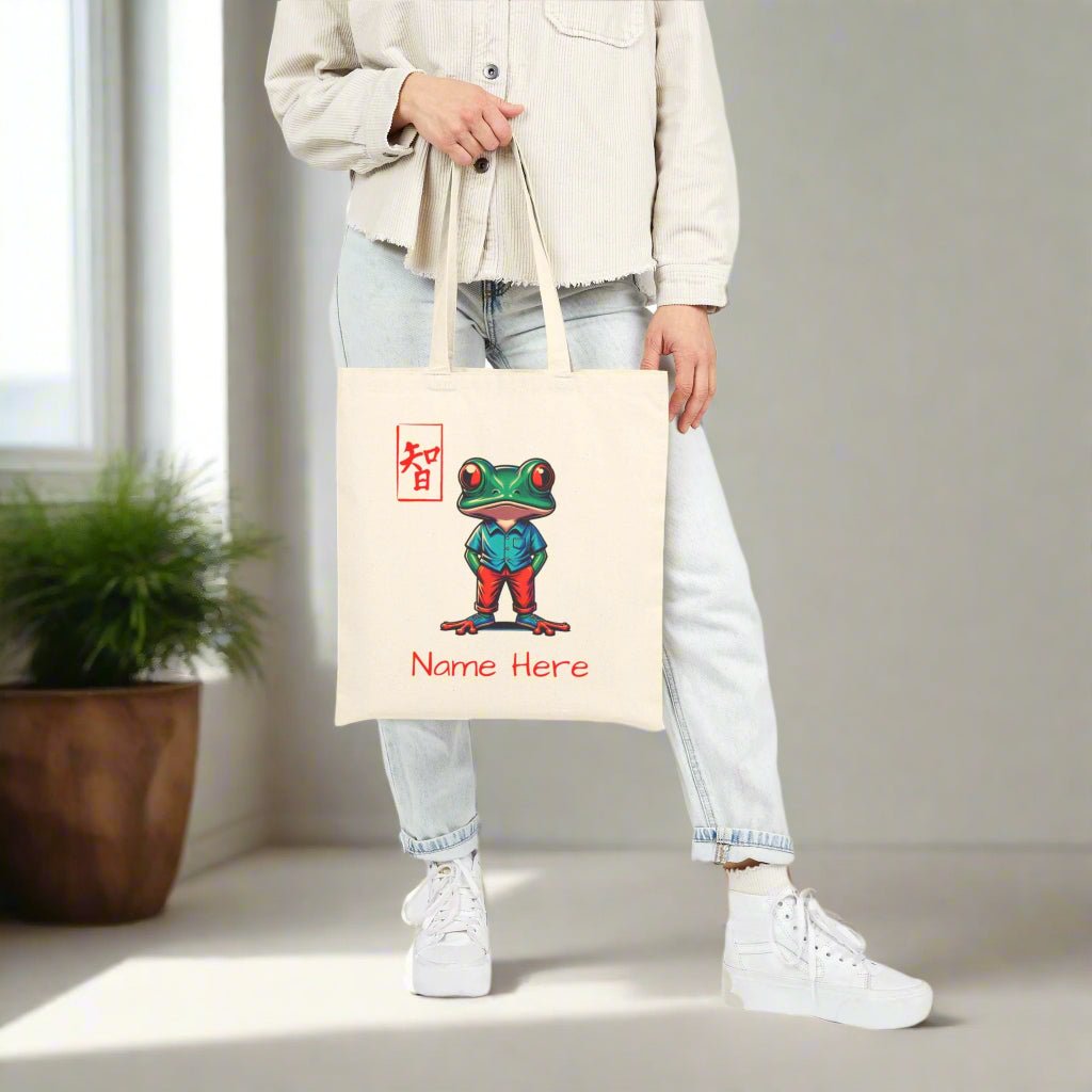 Personalized Wisdom Frog Cotton Canvas Tote Bag, Custom Name, Personalized Tote, Cute Frog Tote, Fun Animal Tote Bag, Gift for Nature Lover - Vicky Garden