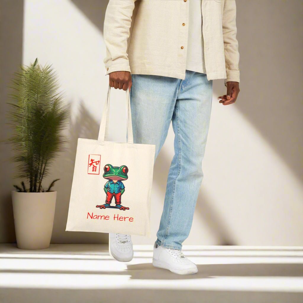 Personalized Wisdom Frog Cotton Canvas Tote Bag, Custom Name, Personalized Tote, Cute Frog Tote, Fun Animal Tote Bag, Gift for Nature Lover - Vicky Garden