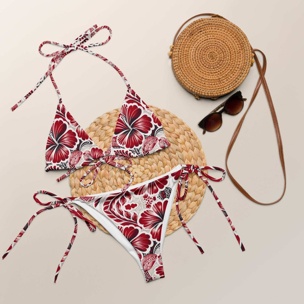 Red Hibiscus Floral String Bikini Set – Bold & Tropical Two - Piece Swimsuit with UPF 50+ - Vicky Garden
