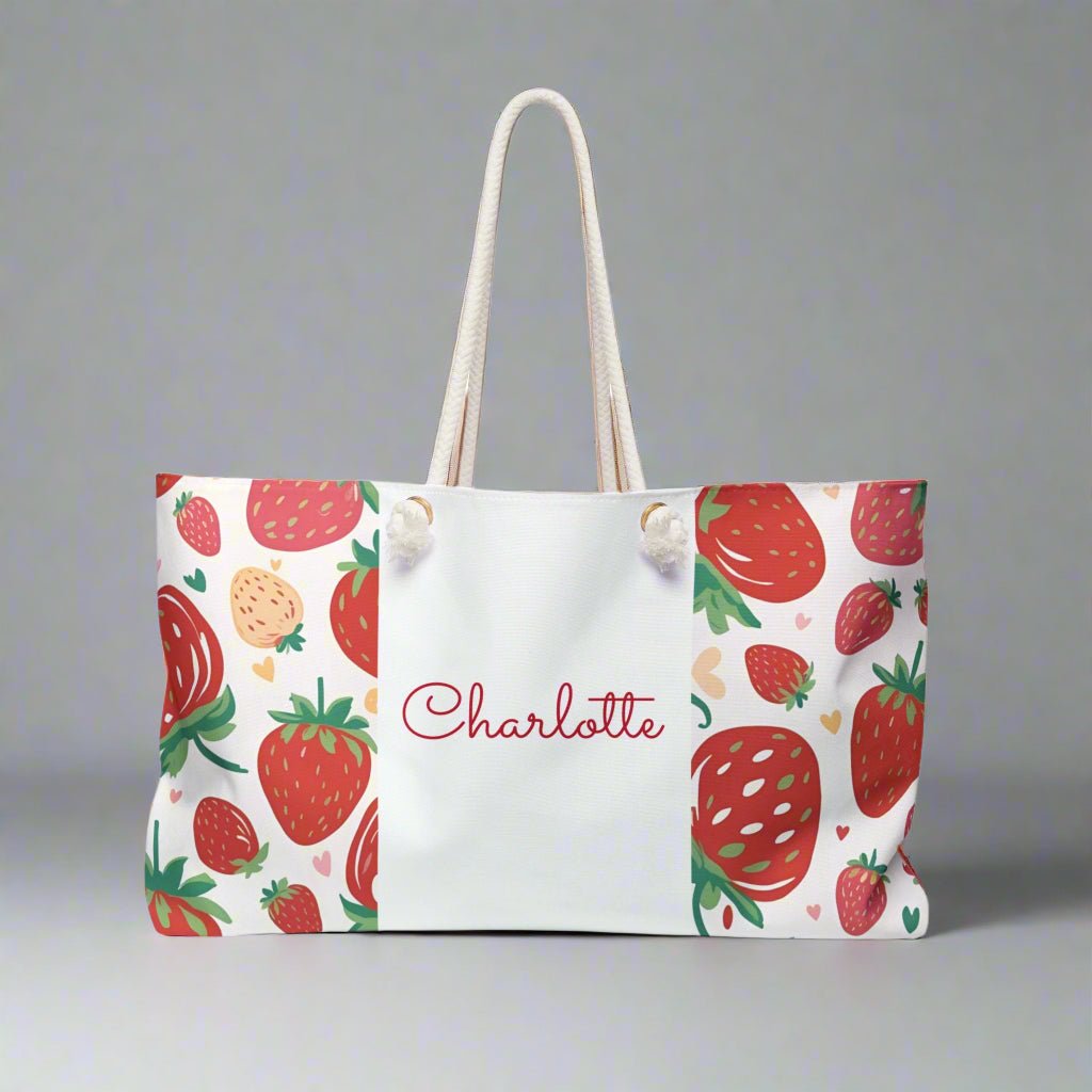 Strawberry Fruit Theme Weekender Bag - Custom Name Personalized, Beach Tote, Travel Duffel, Overnight Carry - On, Summer Vacation Gift - Vicky Garden