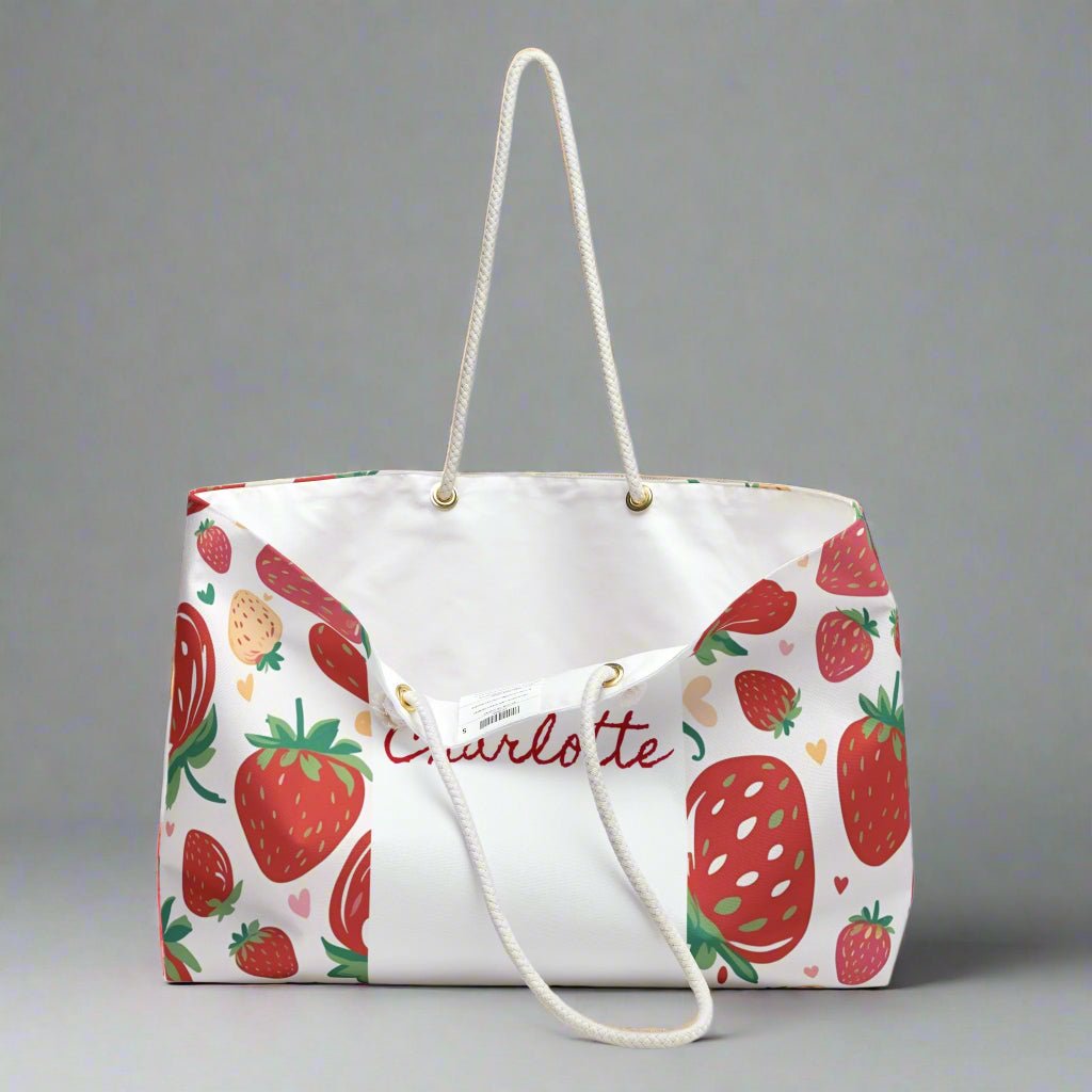 Strawberry Fruit Theme Weekender Bag - Custom Name Personalized, Beach Tote, Travel Duffel, Overnight Carry - On, Summer Vacation Gift - Vicky Garden