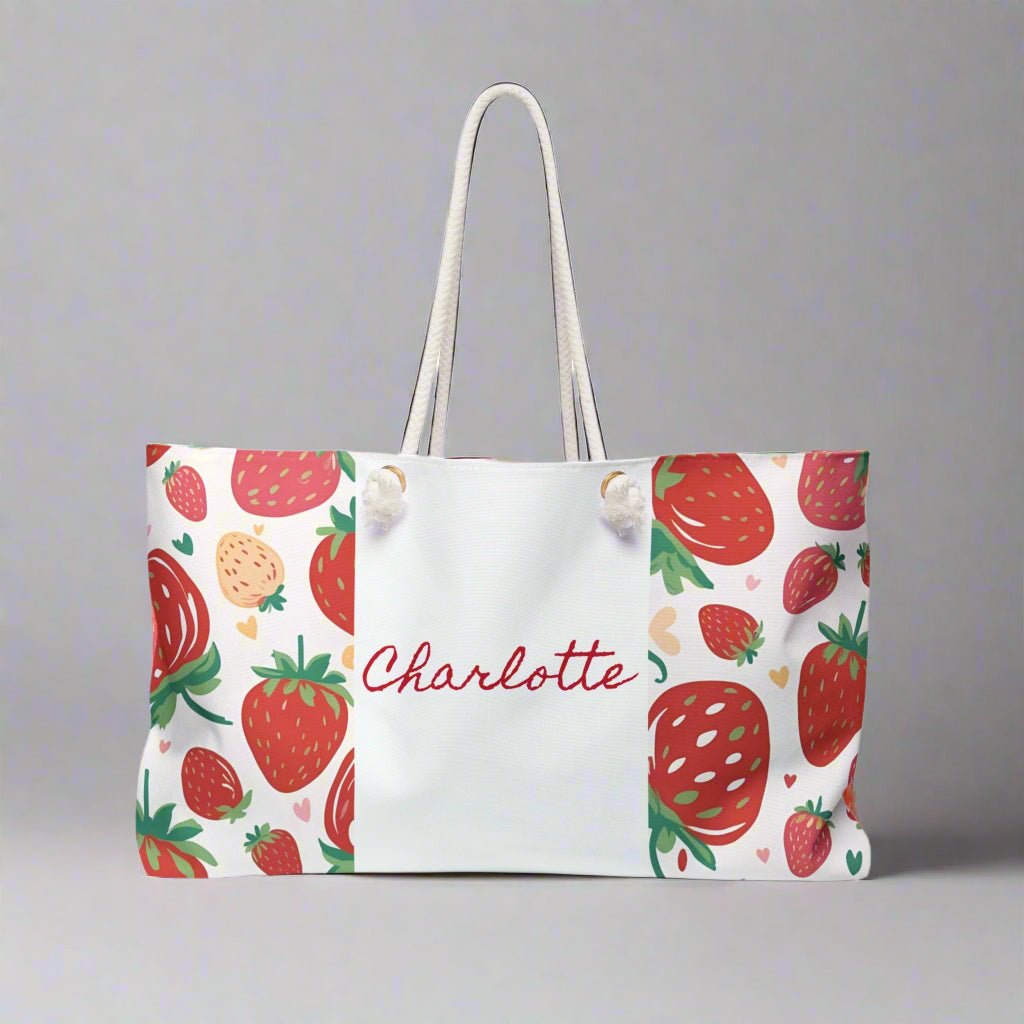 Strawberry Fruit Theme Weekender Bag - Custom Name Personalized, Beach Tote, Travel Duffel, Overnight Carry - On, Summer Vacation Gift - Vicky Garden