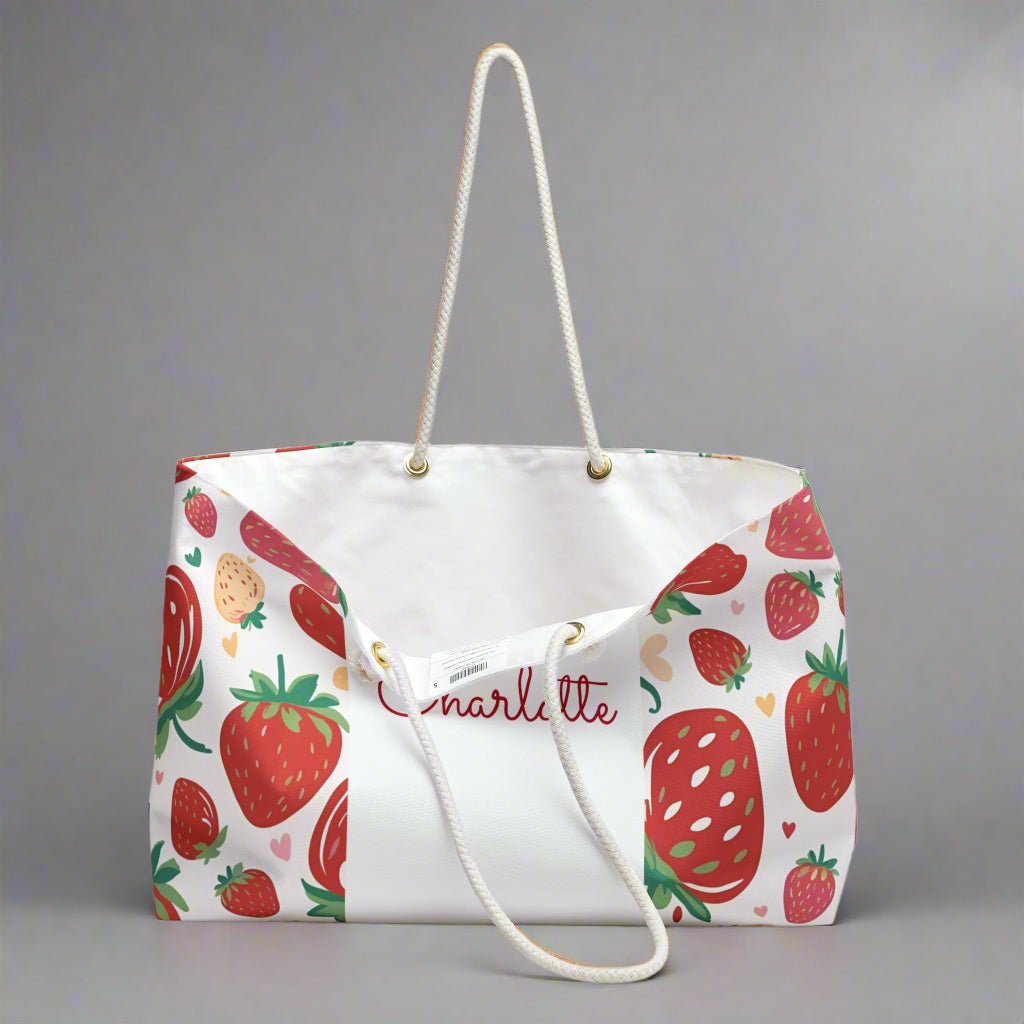Strawberry Fruit Theme Weekender Bag - Custom Name Personalized, Beach Tote, Travel Duffel, Overnight Carry - On, Summer Vacation Gift - Vicky Garden