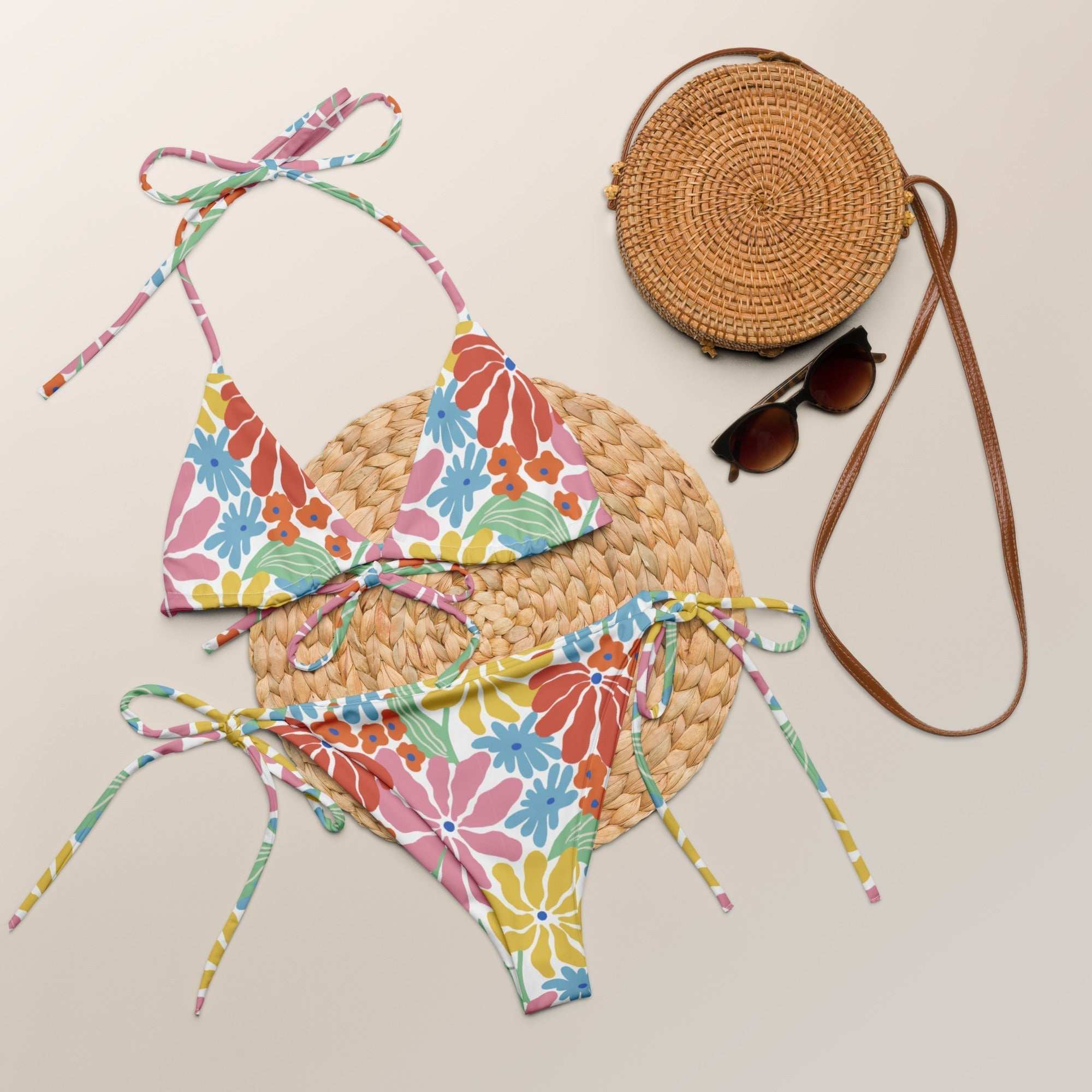 Tropical Floral String Bikini Set – Vibrant Two - Piece Swimsuit with UPF 50+ - Vicky Garden